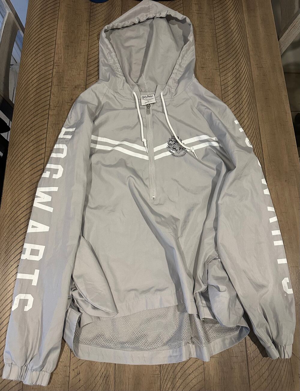 Harry Potter Hogwarts Windbreaker Jacket Mens XL Gray Quarter Zip Hooded Coat
